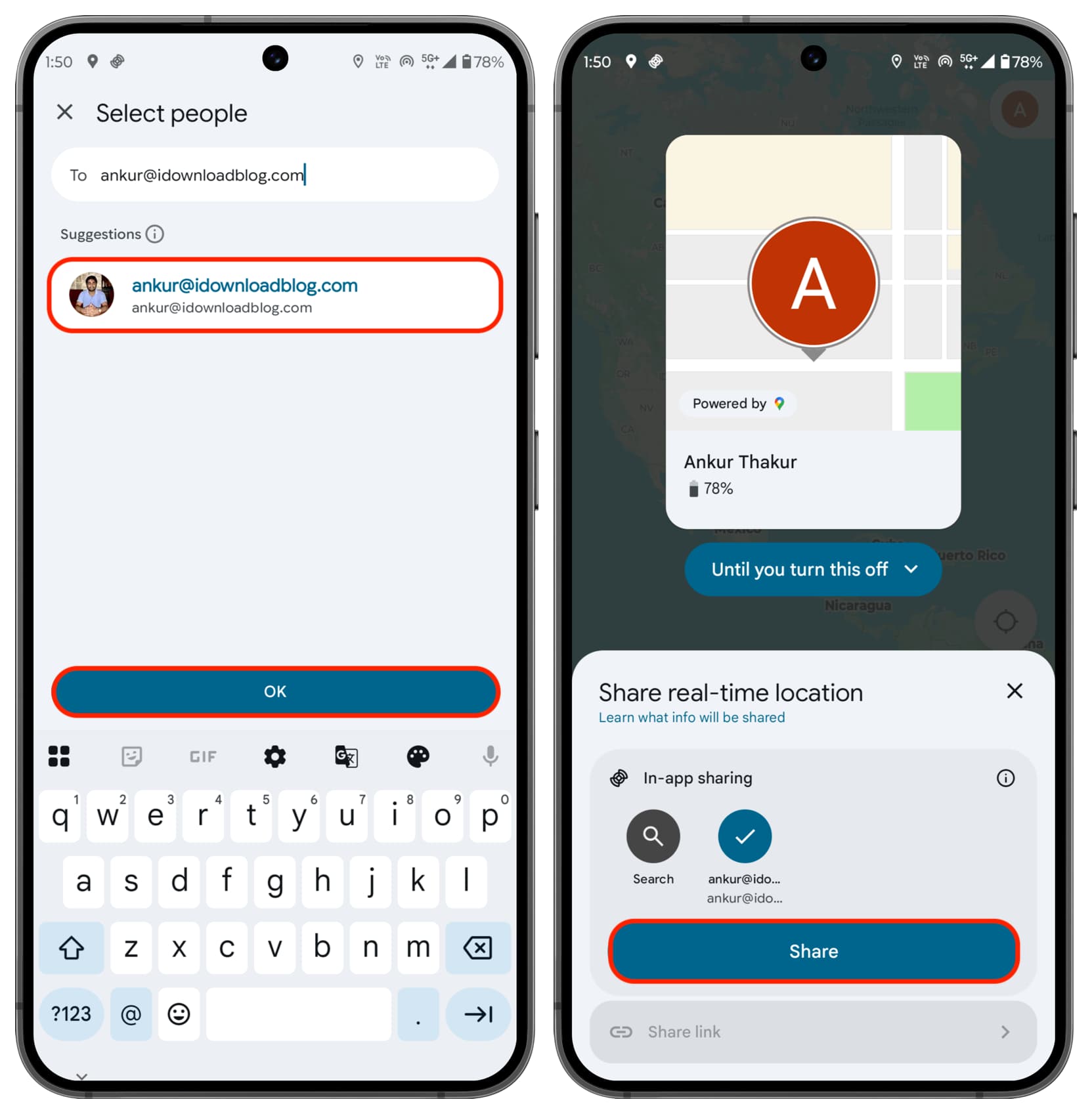 Standort kontinuierlich aus der Find Hub App on Android teilen