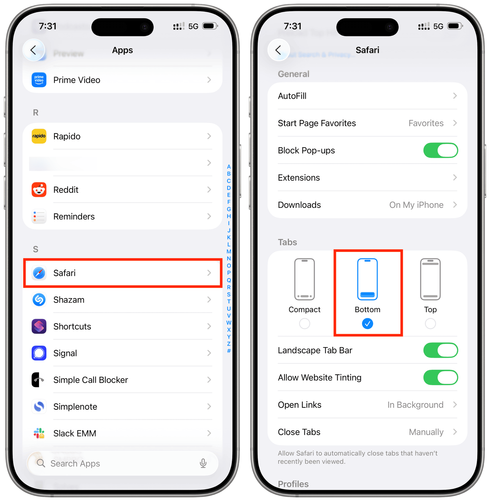 Wechseln Sie in Safari auf dem iPhone zur unteren Registerkarte