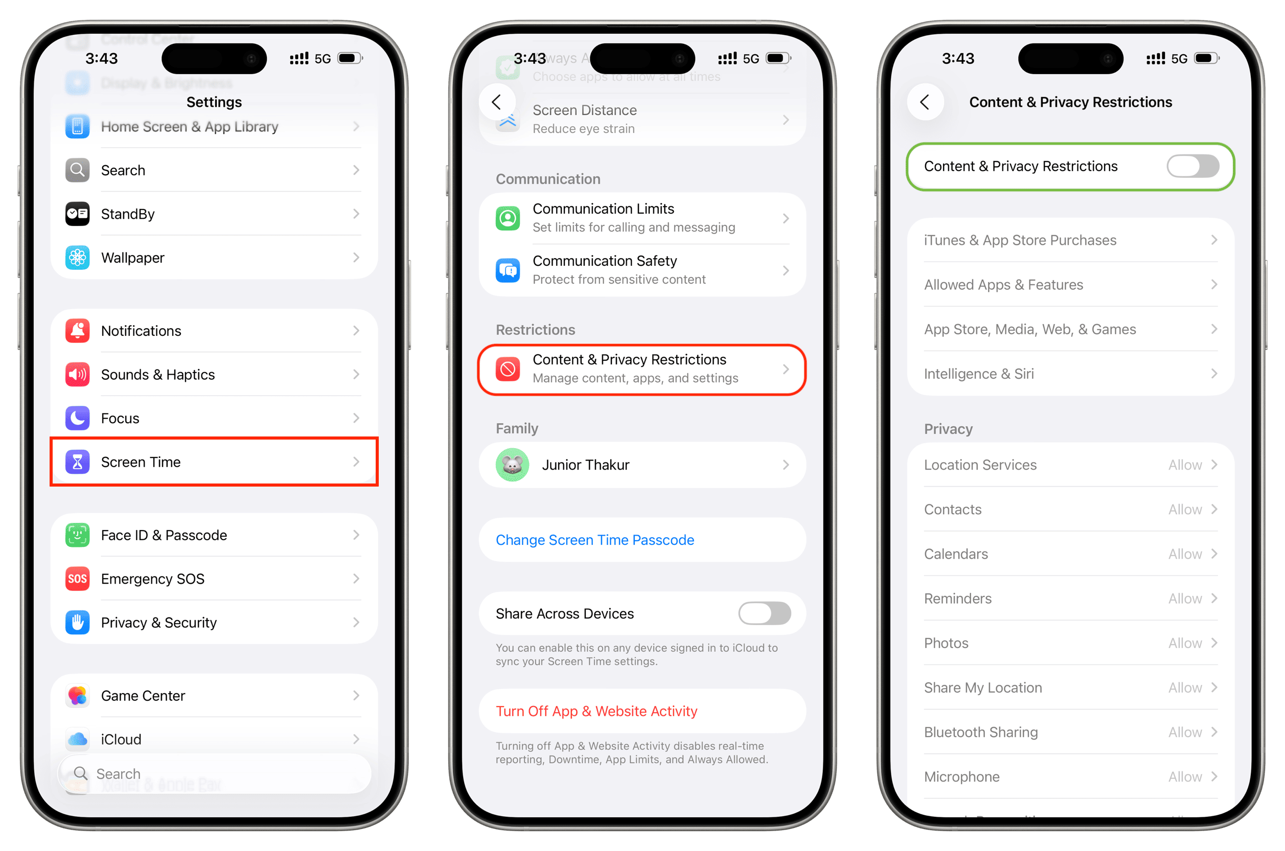 Ausschalten von Inhalten und Datenschutzbeschränkungen auf dem iPhone