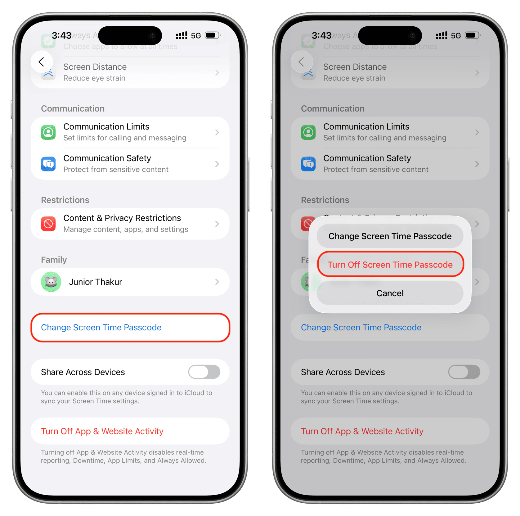 Schalten Sie den Bildschirmzeitpasscode in iPhone -Einstellungen aus