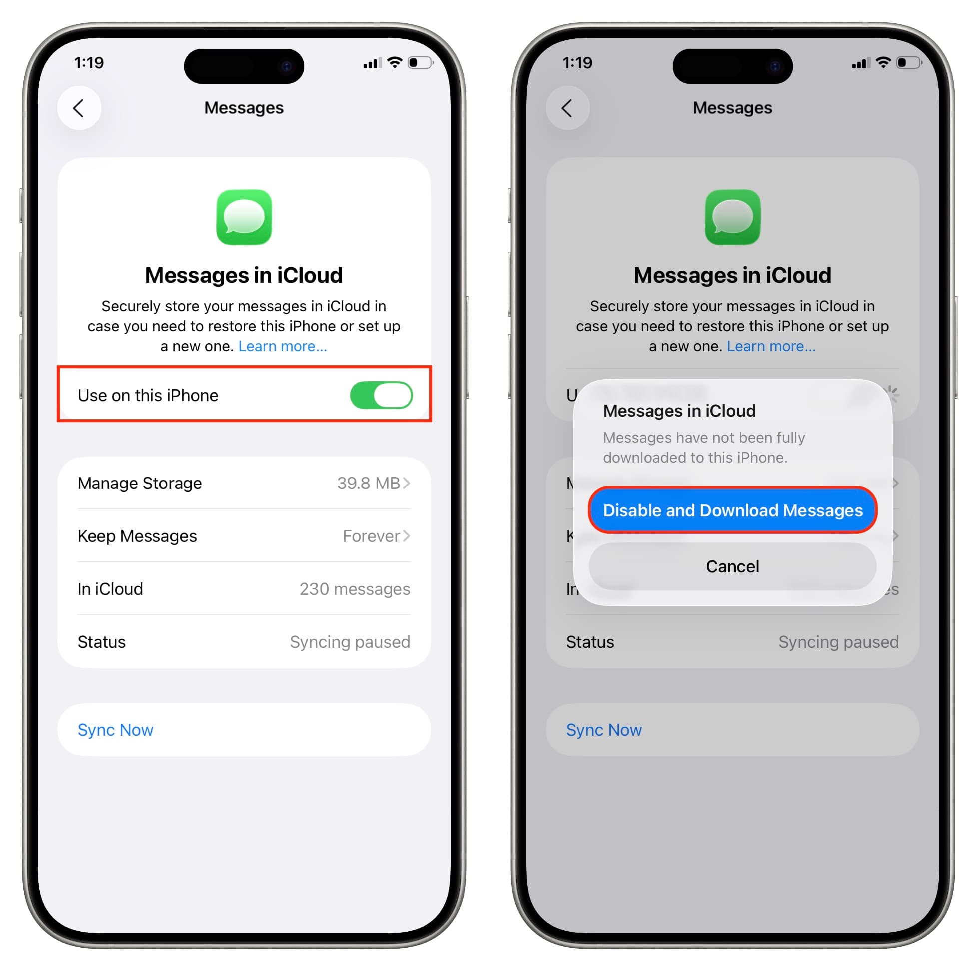 Turning off and downloading iCloud Messages on iPhone