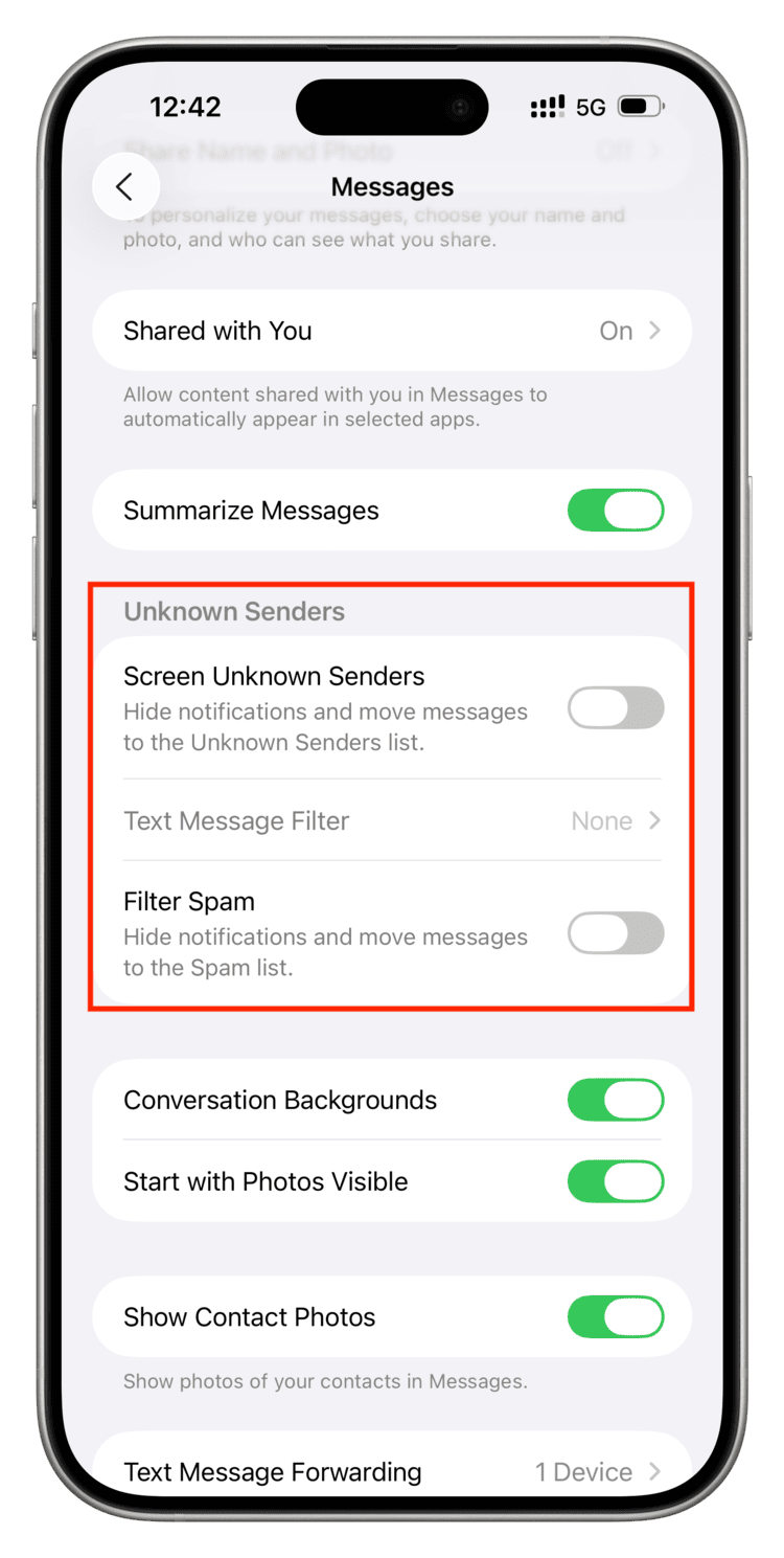 Unknown message senders settings on iPhone