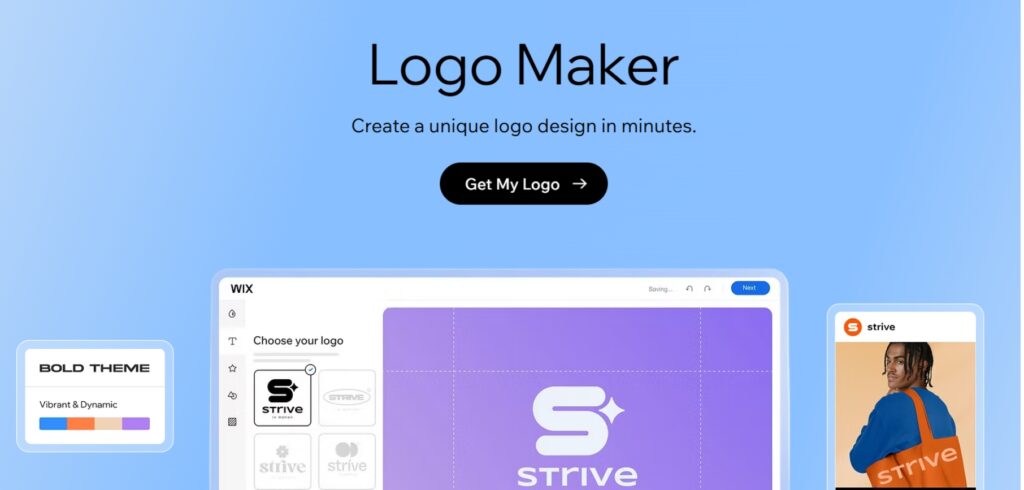 Screenshot des WIX -Logo -Herstellers mit der AI -Logo -Generator -Schnittstelle mit Anpassungsoptionen, einem lila Streben -Logo -Design -Vorschau und Branding -Mockups für Waren und digitaler Gebrauch.