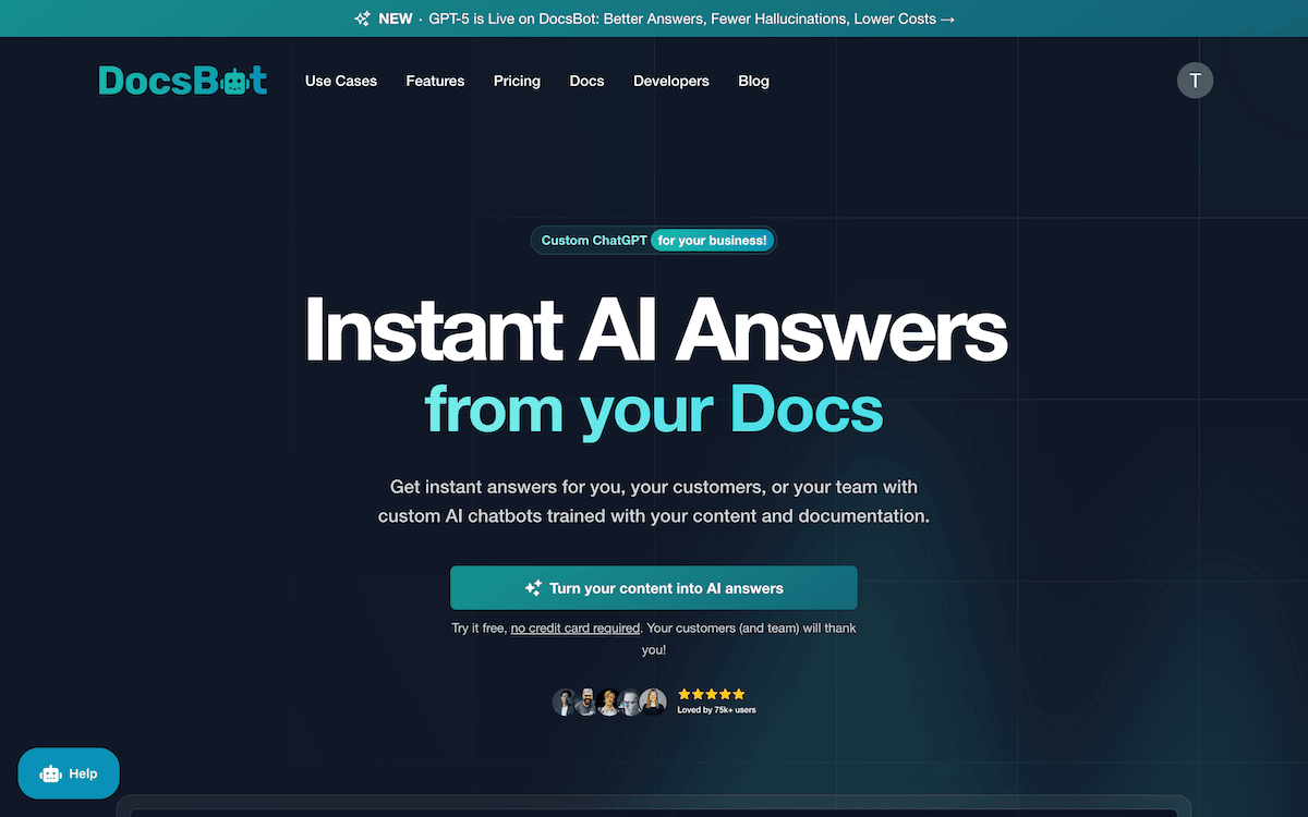 Die Homepage von Docsbot AI.