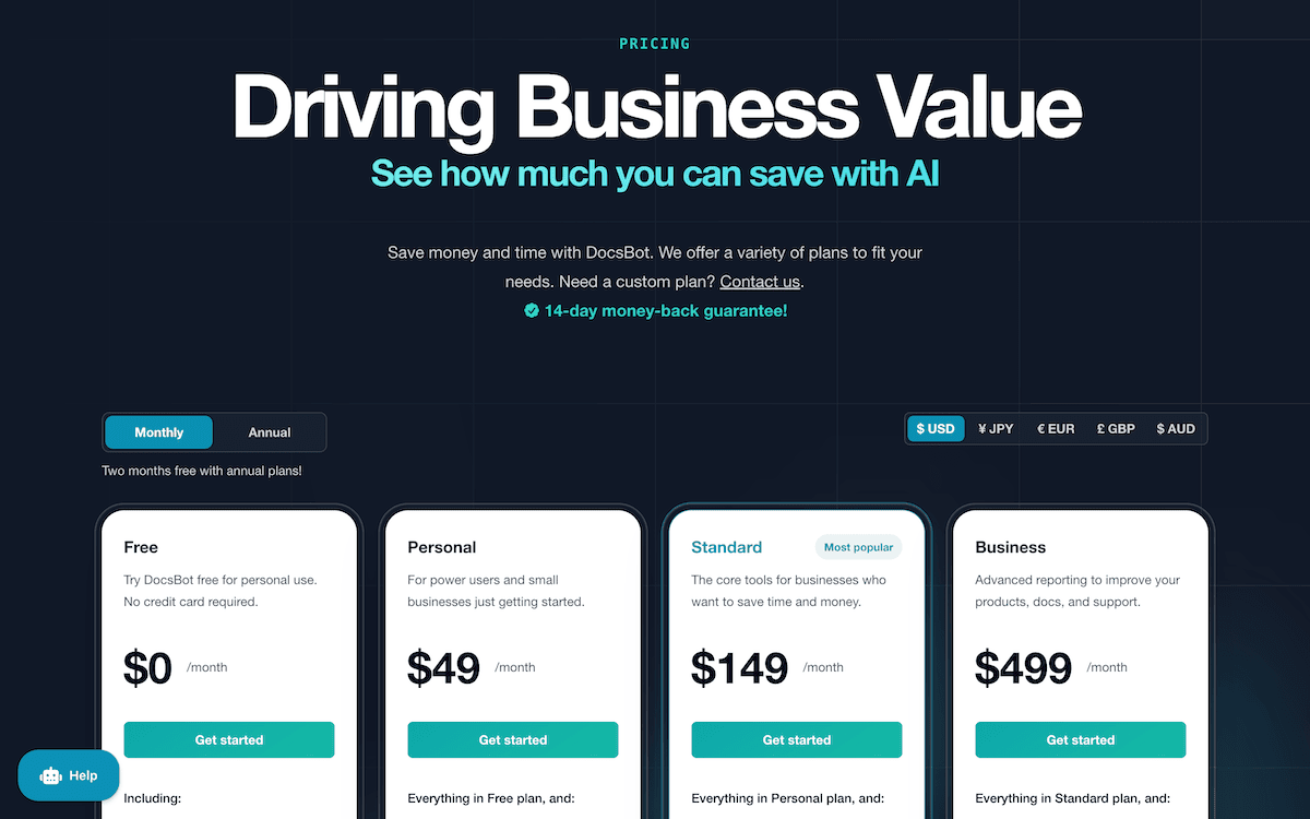 Die Pricing -Seite von Docsbot zeigt vier Planstufen von Free zu Business.