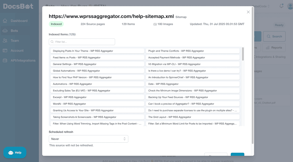 Importieren einer Sitemap in die Trainingsschnittstelle von Docsbot.