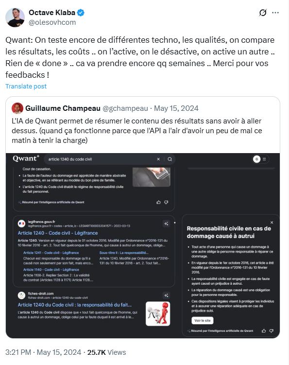 le pdg d'ovh cloud publie un tweet sur l'État d'Avancement du Travail Sur sa Lösung d'a Qwant