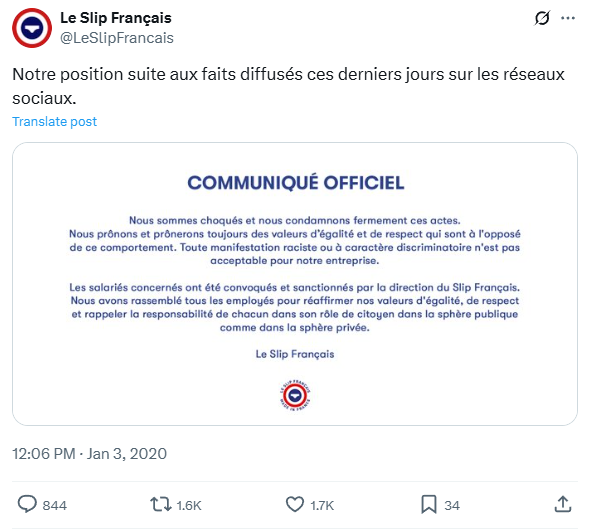 Nachricht Sur x (ou tweet) d'Explication de la Marque Le Slip Français Après la diffusion d'imits de fcortement rassist de Ses Beschäftigten sur les réseaux sociaux