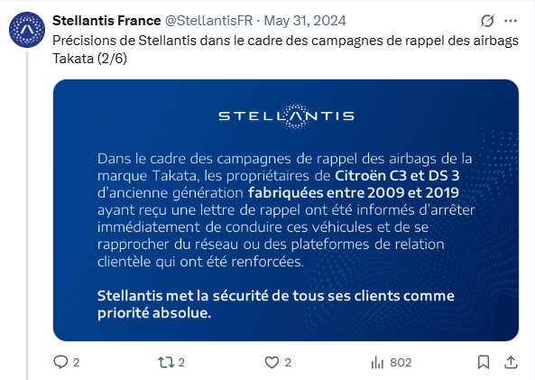 Nachricht Sur X (Tweet) de Stellantis Sur sa Campagne de Rappel des Airbags TA Kata