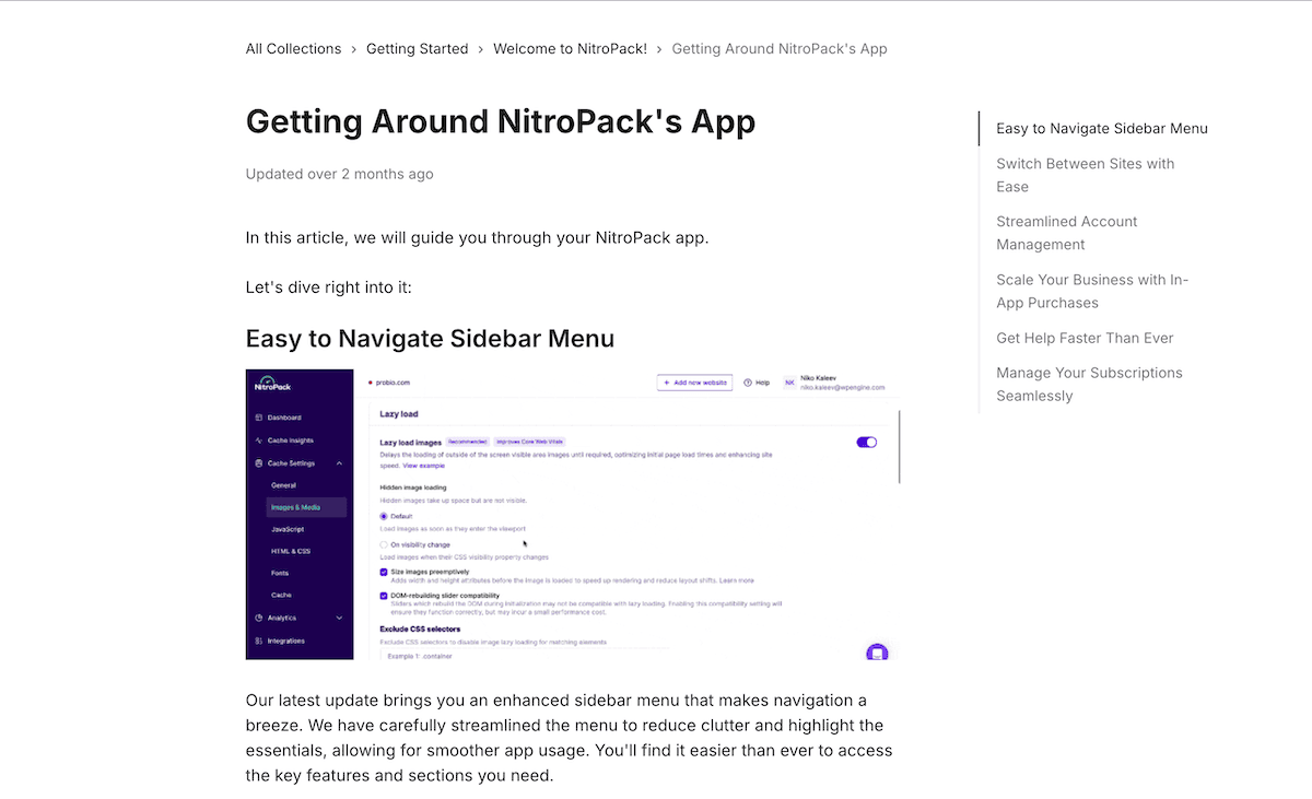 Ein Nitropack -Help Center -Artikel.
