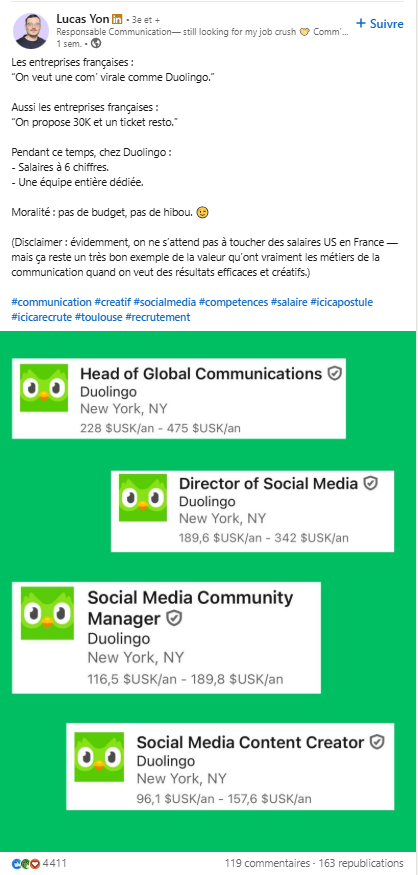 Post Linkedin Sur les Unternehmer Française quie ventale Reproduktion La Même Kommunikation Virale Que Duolingo