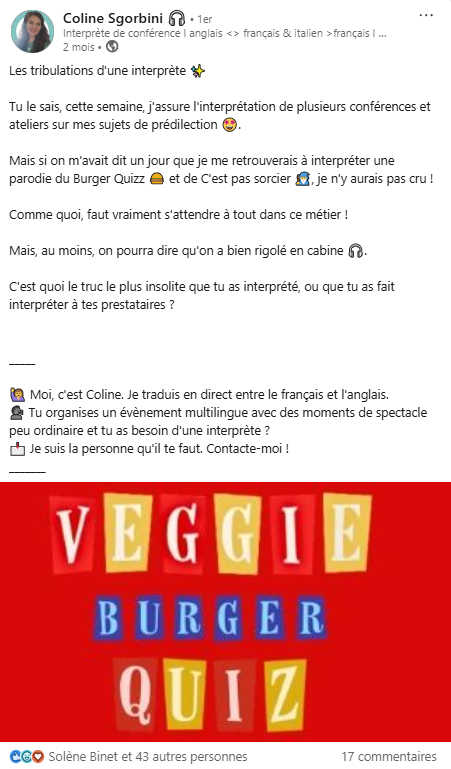 Beitrag linkedin d'une interprète qui dagete c'est quoi le truc le plus Insolite que tu als interprété, ou que tu als fait interpréter à tes prestataires?