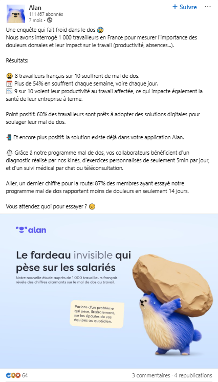 Post Linkedin d'Alan AVEC des Chiffres Clés Sur Les Doulurs Dorsales et Leur Impact Sur Le Travail