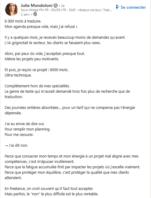 Post LinkedIn d'une traductrice qui partage sa Propre Expérience