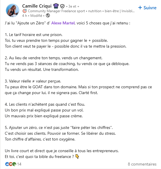 Post LinkedIn Qui Résume Les Points Essentiels d'un livre