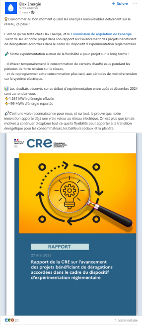 Post LinkedIn intégrant UN Rapport de la Cre Qui Erwähnung le projet de l'unternehmer