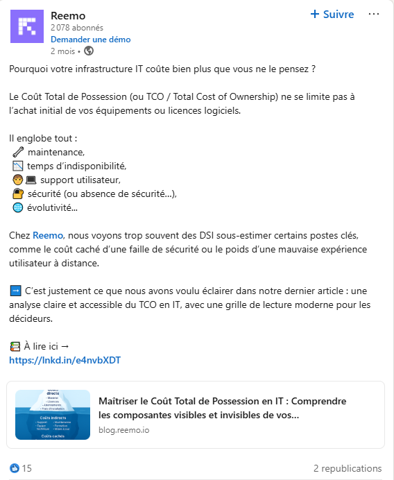 Post Linkedin de Reemo Sur Le Coût Total de Besitz en informatique