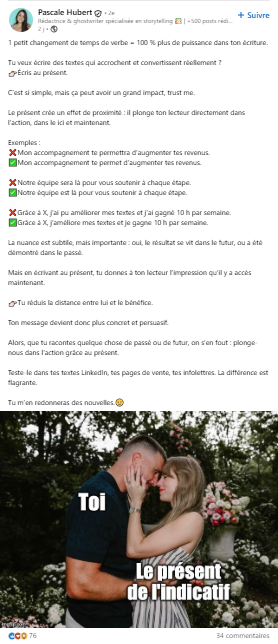 Post LinkedIn Sur l'Eppement du Présent de l'Indicatif dans le Copywriting