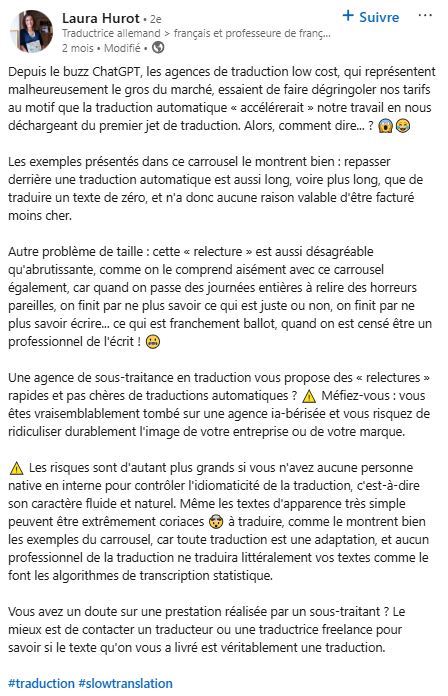 Post LinkedIn d'une traductrice qui Donne Son Meinungs Meinungsvermögen Sur L'Antuty de l'a