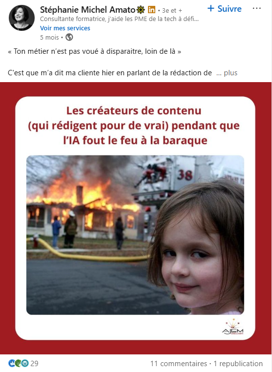 mème d'une petite fille devant une maison en feu