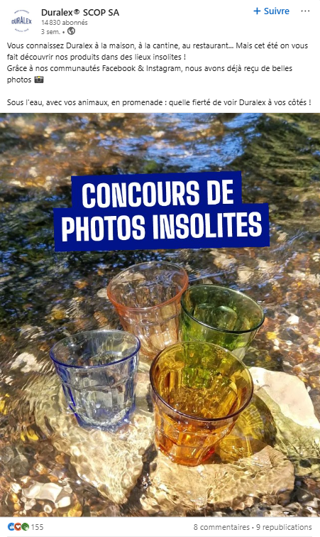 Post Linkedin de Duralex avec un carousel de fotos des produits duralex publiées par des conommateure