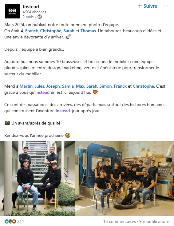 Beitrag linkedin avec la foto de l'equipe il ya un ein et l'equipe aujourd'hui