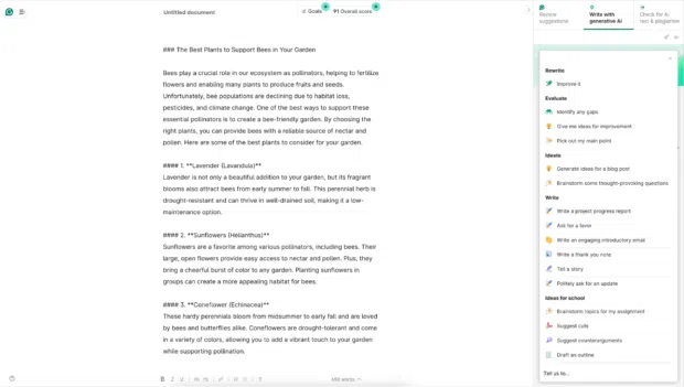 Prompt para copy en grammarly sobre las mejores plantas en un jardín para ayudar a las abejas