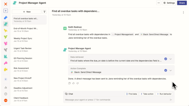 Échange AVEC UN Agent Zapier de Gestion de Projet et List des Tâches Confiées à l'a