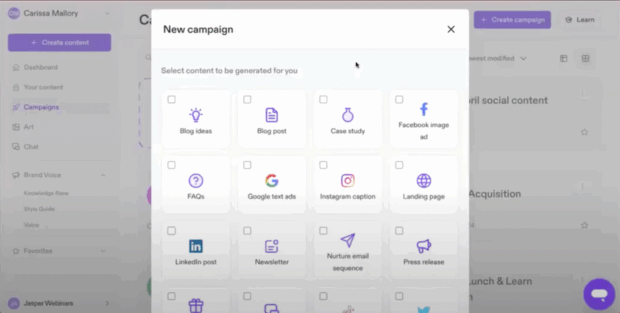 Choix du Typ De Contenu à Générer Dans l'Interface de Jasper