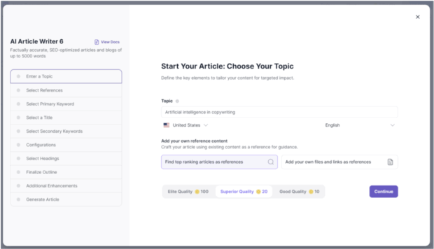 Schnittstelle de rédaction Dans WriteSonic ET Choix du Sujet de l'Actage