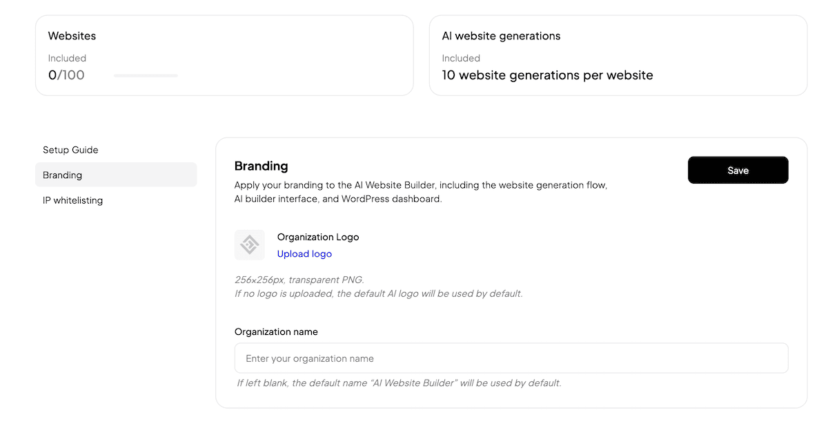 Das 10Web -Partner -Dashboard zeigt die ersten Markenoptionen für eine Website an.
