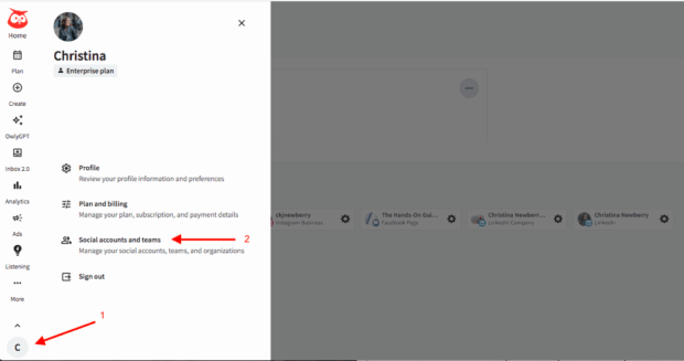 Screenshot zeigt einen Benutzer, der in ihren Profileinstellungen zu 'Social Accounts and Teams' navigiert wird, einen ersten Schritt, um Bluesky -Beiträge zu planen.