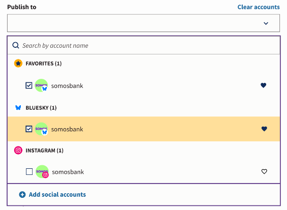 Screenshot zeigt den Abschnitt 'veröffentlichen' an, in dem ein Benutzer 'Somosbank' unter 'Bluesky' für die Planung von Beiträgen auf Bluesky auswählt