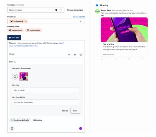 Eine Vorschau eines Bluesky -Beitrags über die Somos -App, in dem veranschaulicht wird, wie Sie die Link -Vorschau anpassen und einen Schritt im Prozess angeben, um Bluesky -Beiträge zu planen.