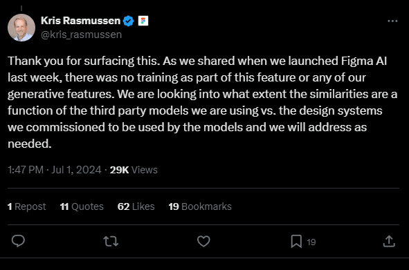 Anuncio del CEO de Figma ai en x, con Explicaciones Sobre Las Funciones de Inteligencia Künstliche Generativen
