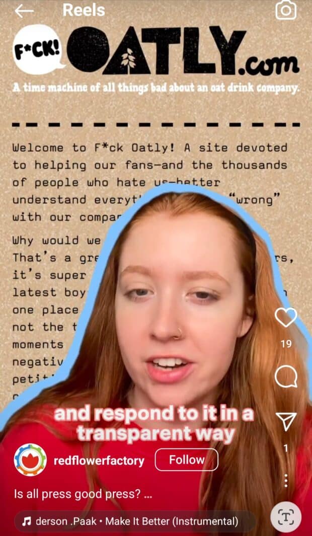 Reel Instagram de Red Flower Factory Publié en réponse à des avis égatifs sur la marque hafy