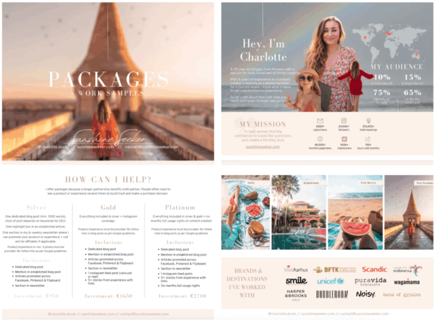 Ein Social -Media -Kit für Charlotte, einen Reiseblogger und digitalen Vermarkter von Sunshineseeker.com, in dem die Demografie, Mission und verschiedene Partnerschaftspakete (Silber, Gold, Platin) mit Einschlüssen und Preisen beschrieben werden. Das Kit listet auch Marken und Ziele auf, mit denen sie zusammengearbeitet hat.