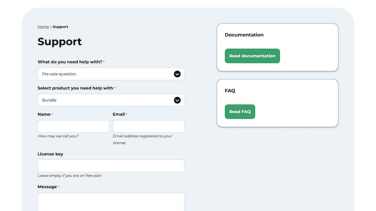 Die WCB Configuration Builder Support -Seite.