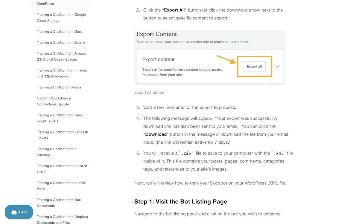 Die WordPress -Dokumentationsseite von Docsbot AI.