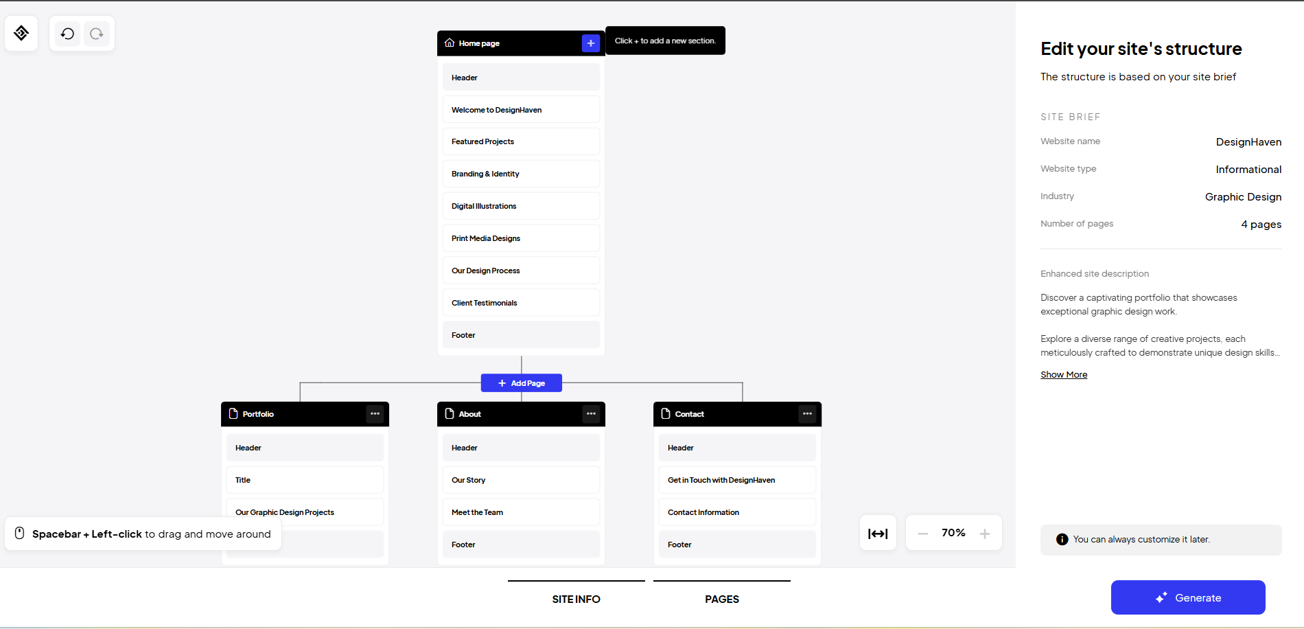 Bearbeiten Sie die Struktur Ihrer Website im Vibe Site Builder von 10Web.