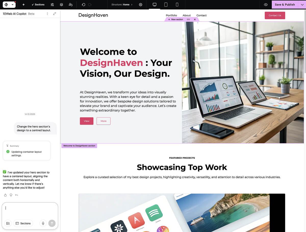 Bearbeiten einer Website im AI-Website-Builder von 10Web mit nur einer einfachen Texteingabe.