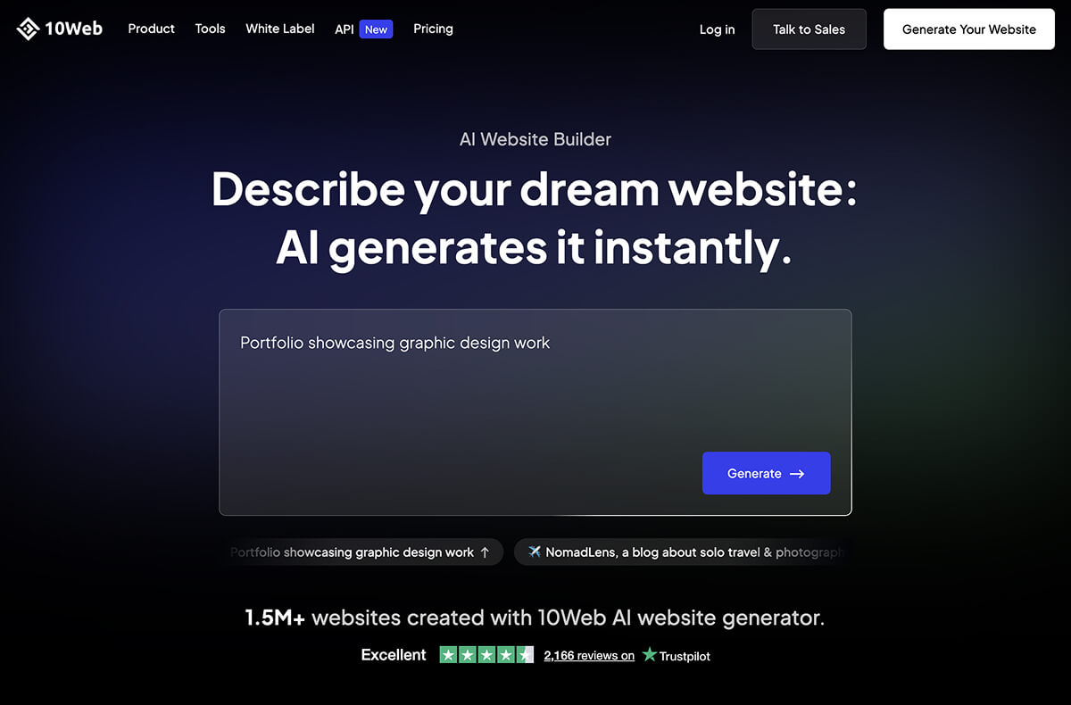 10Web's Vibe für WordPress, ein KI-Website-Builder.