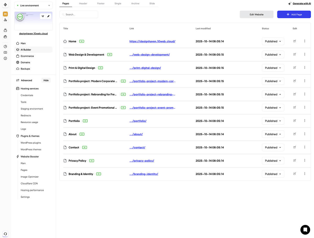 Vibe von 10Web bietet ein voll funktionsfähiges Dashboard zur Überwachung und Wartung jeder KI-generierten Website.