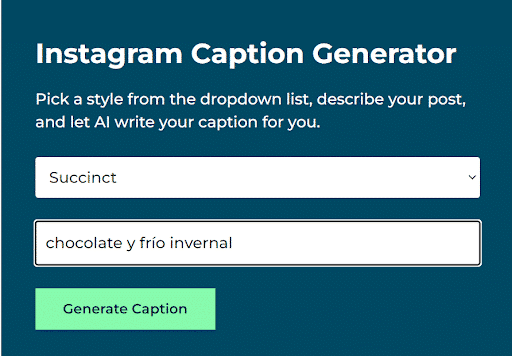 Instagram-Beschreibungsgenerator: Auswahl des Tons (Sucinto) und Beschreibung des Bildes oder Videos (Schokolade und Frühlingsfrikadelle)