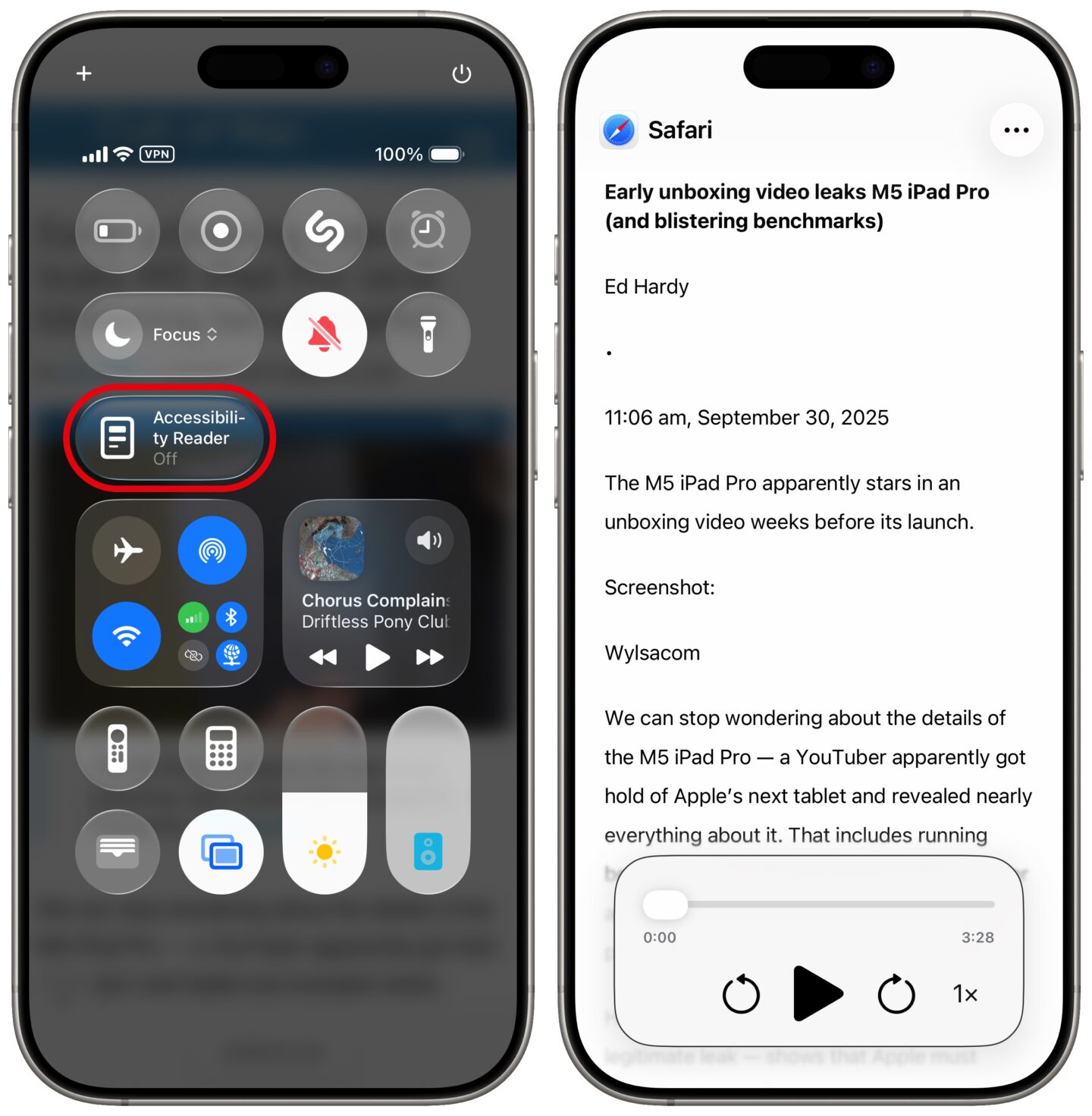 Barrierefreiheitleser Screenshots zeigen, wie Sie den Barrierefreiheitleser aus dem iPhone Control Center aktivieren können, um Text auf dem Gerät laut zu lesen