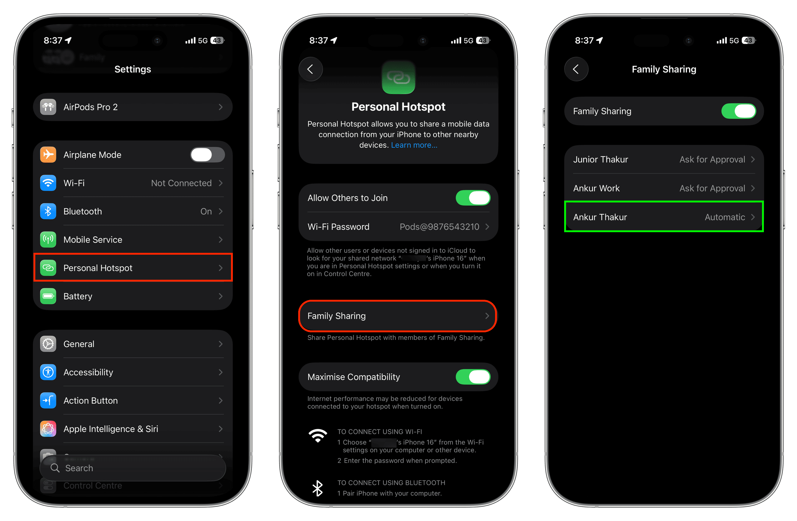 Erlauben Sie Familienmitgliedern, sich automatisch mit Ihrem iPhone-Hotspot zu verbinden