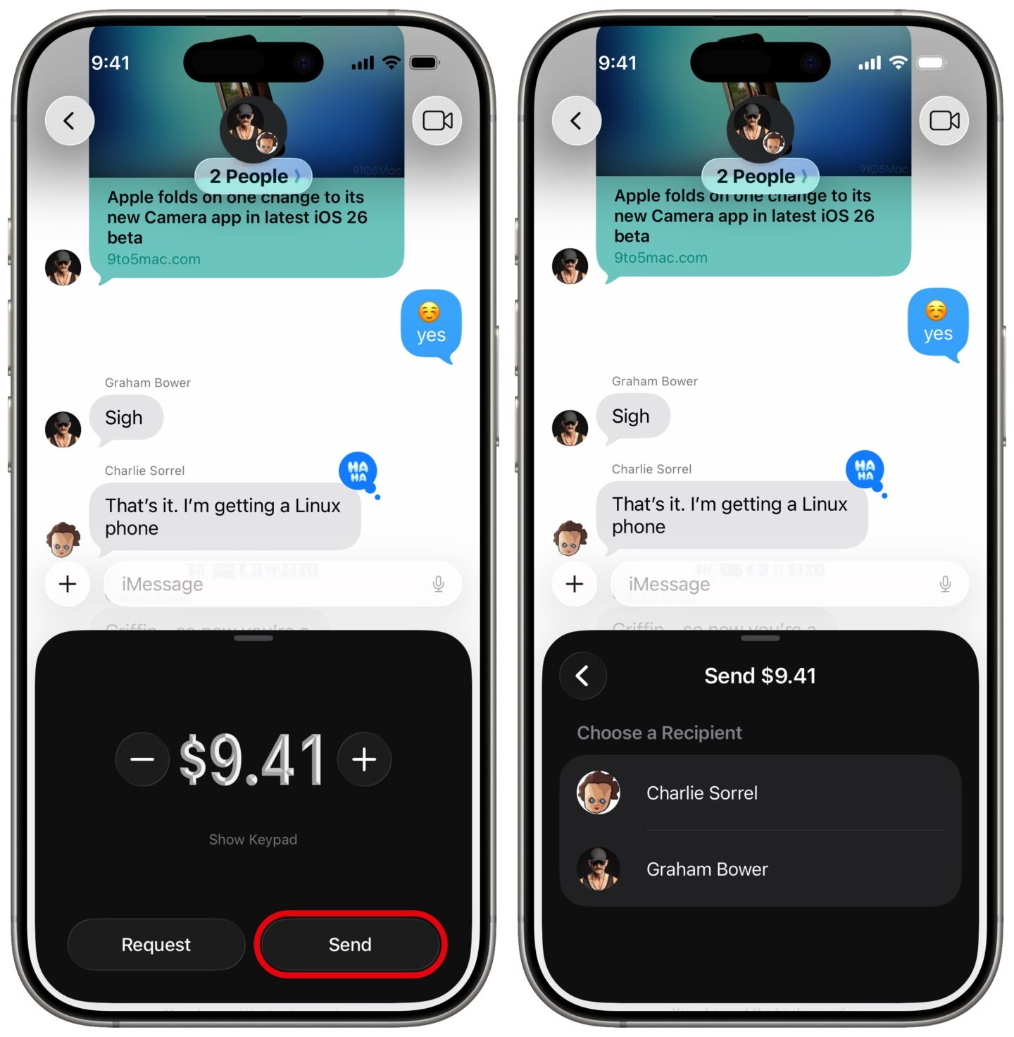 Apple Cash Group-Zahlung iPhone-Screenshots zeigen das Senden einer einzelnen Apple Cash-Zahlung innerhalb eines Gruppenchats