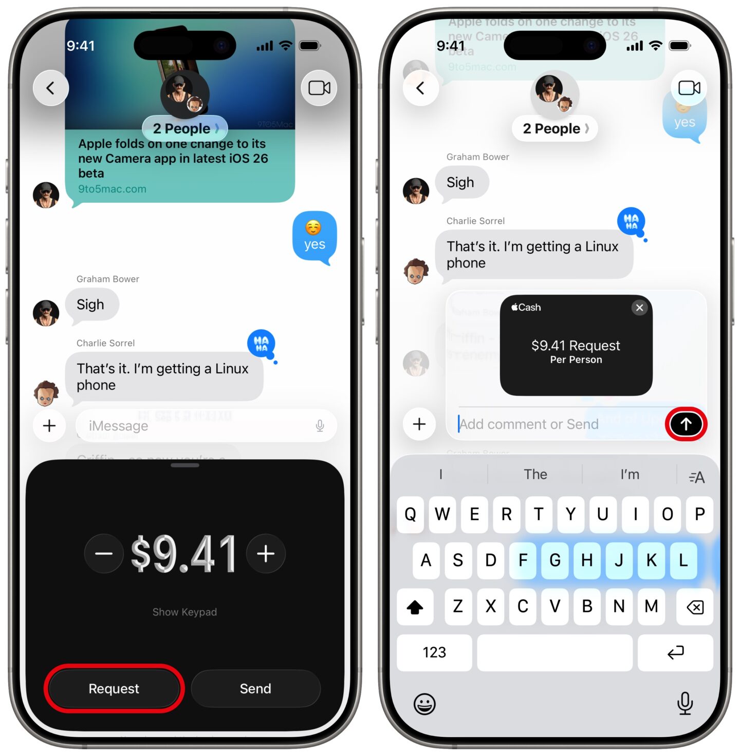 Anfrage der Apple Cash Group iPhone-Screenshots zeigen, wie man in einem Gruppenchat eine Zahlung über Apple Cash anfordert