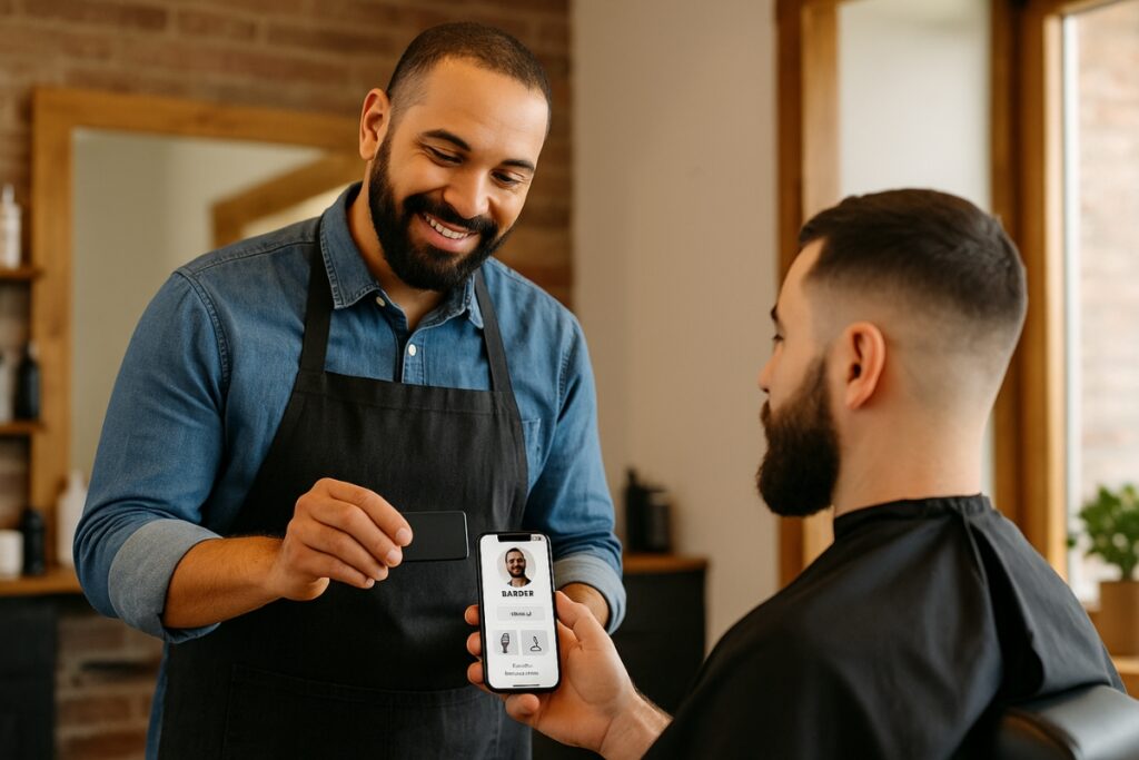 Friseursalonbesitzer teilt digitale Visitenkarte über NFC mit einem Kunden