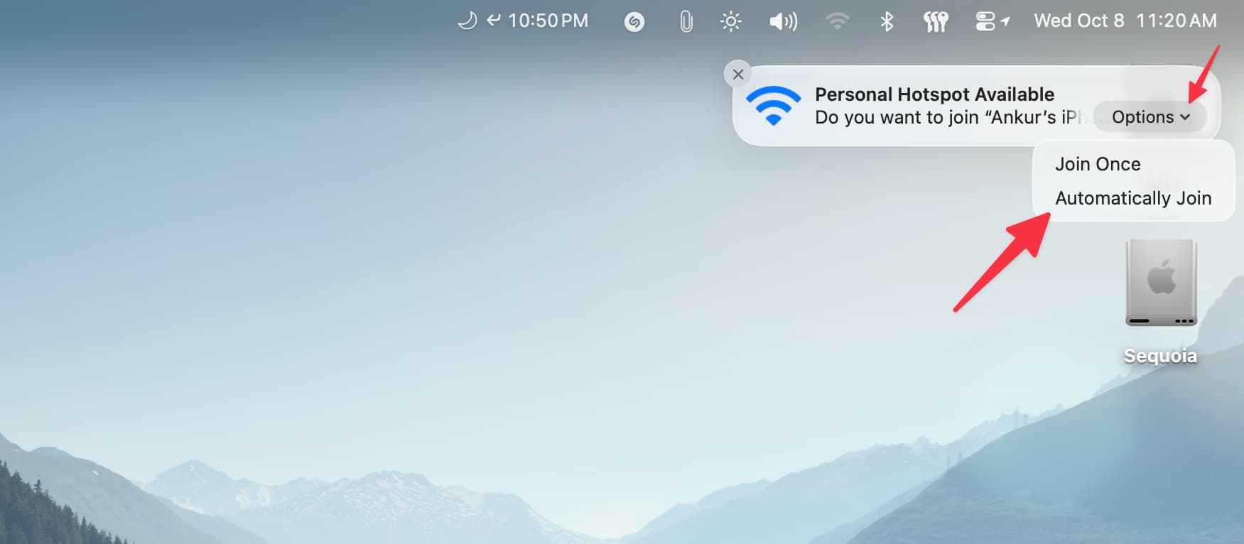 Wählen Sie „Automatisch einem persönlichen Hotspot auf dem Mac beitreten“.